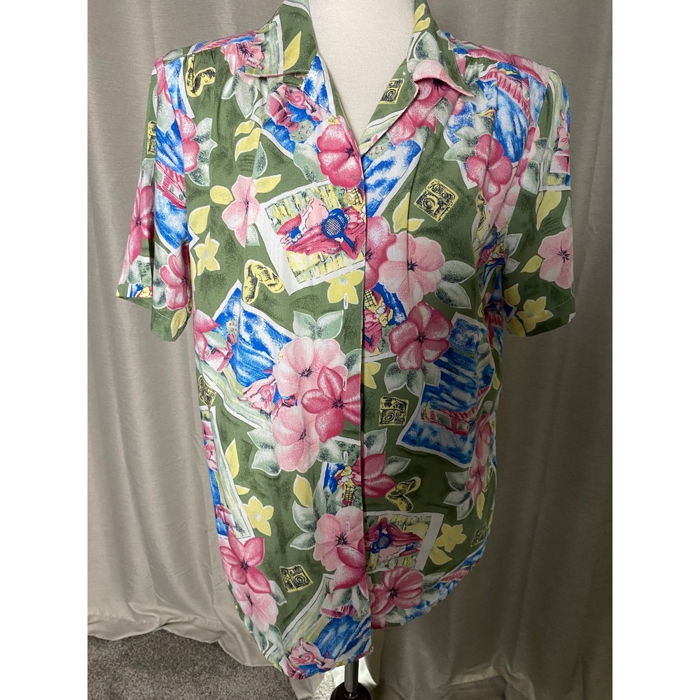 Vintage Koret Sport Tropical Floral Postcard Print Button Up Shirt Green 80s 90s